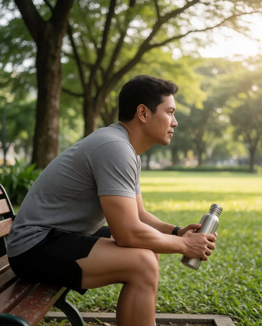 Active man resting after morning workout in a Palembang park
