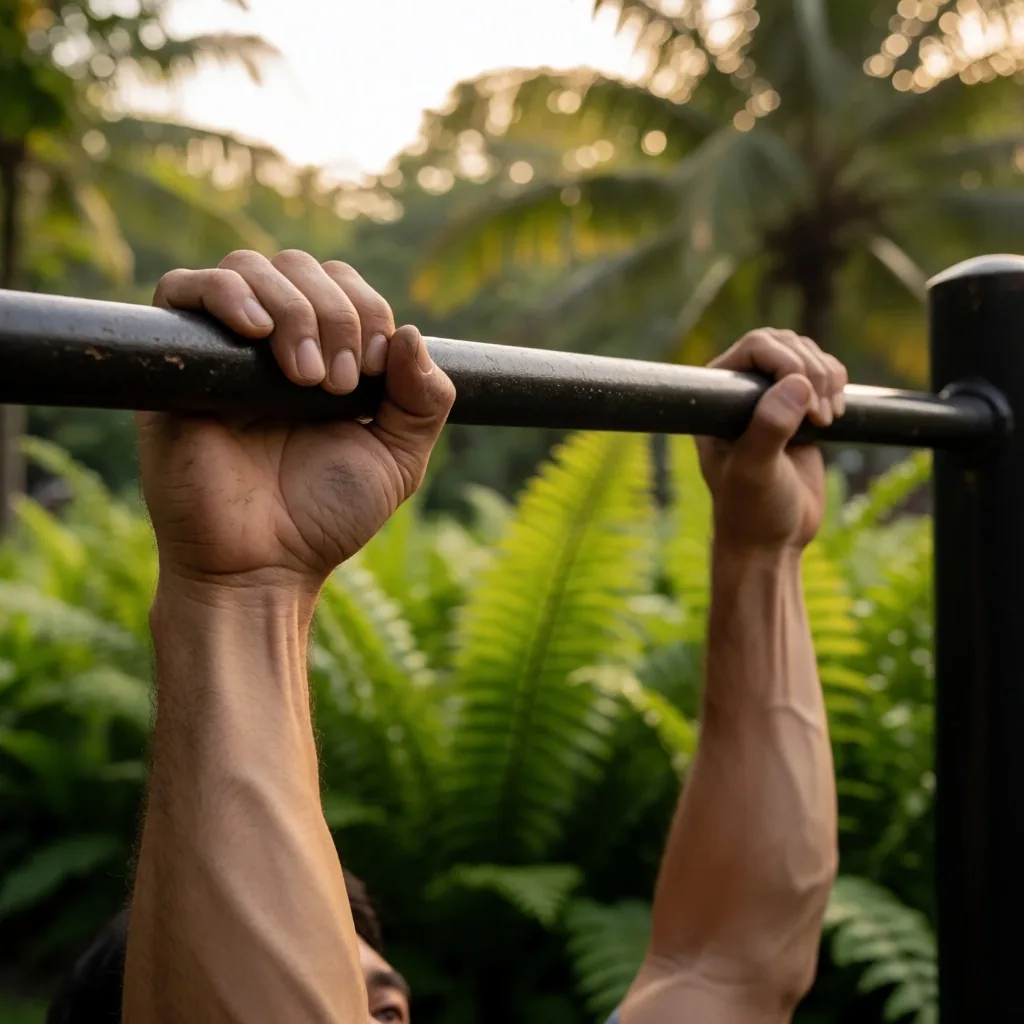 Close-up of a man gripping an outdoor pull-up bar in a tropical park