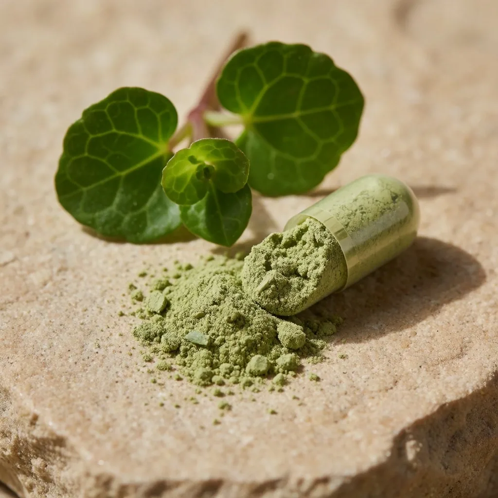 Opened supplement capsule with plant powder