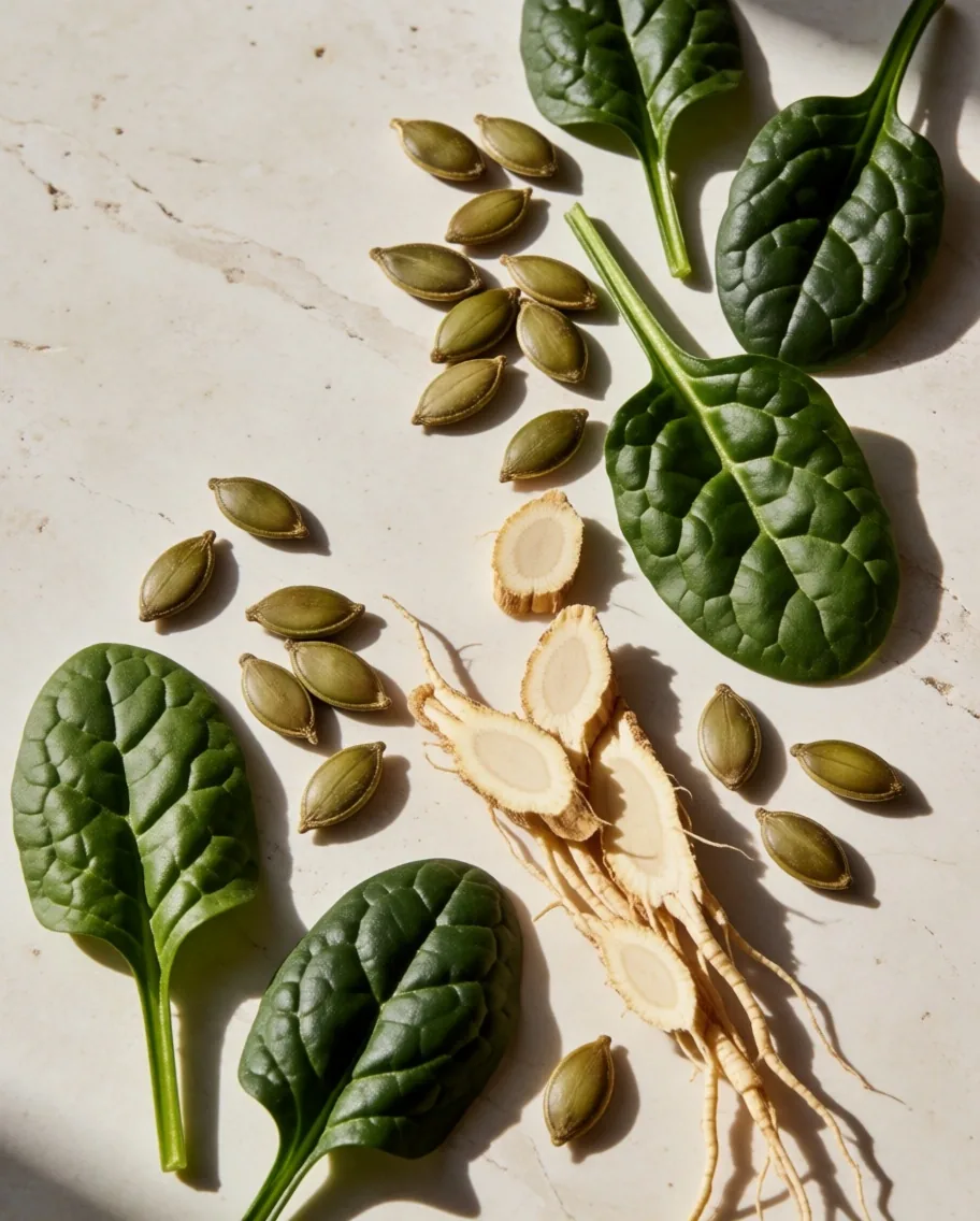 Natural supplement ingredients laid out as a botanical study