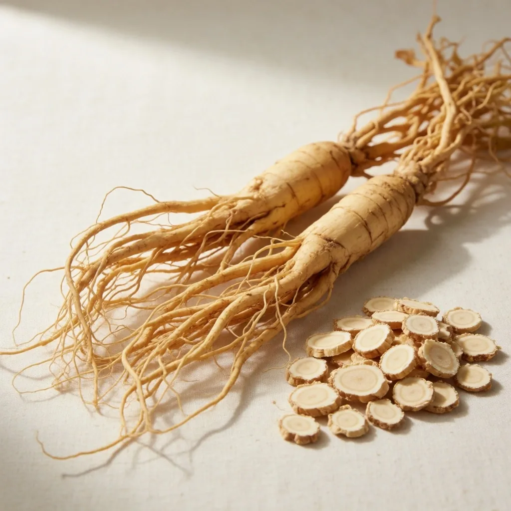 Panax ginseng root and dried slices on cream paper